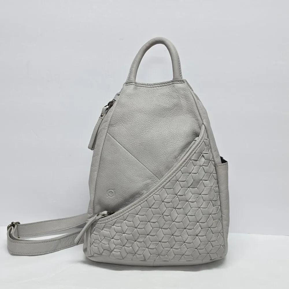 Born Millport Sling Backpack Bag In Woven Light Gray Soft Leather Boho Travel